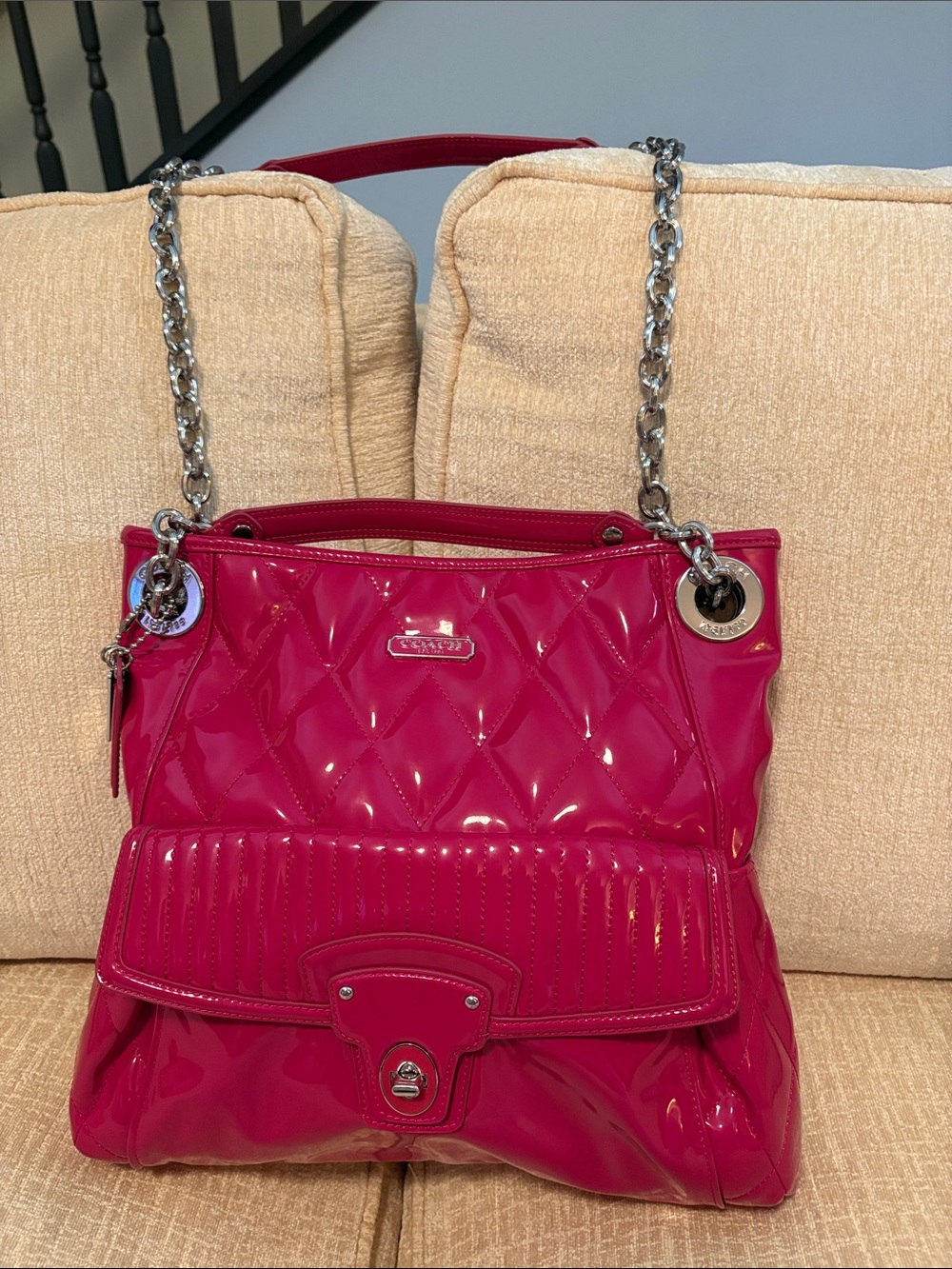 Rare Coach Hot Pink Patent Quilted Shoulder Bag with Silver Chain Straps.